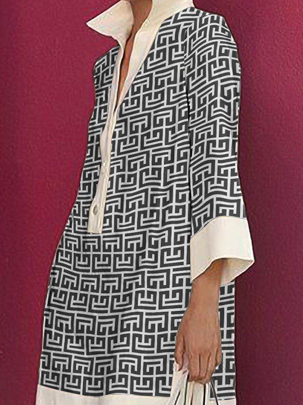 Button-Up Printed Mini Shirt Dress with Long Three-Quarter Sleeves and Lapel Collar