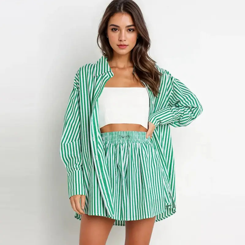 TIFY™ – Stylish Striped Collared Shirt & Wide-Leg Shorts Ensemble