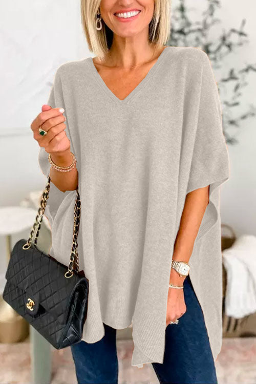 Stylish V-Neck Loose-Fit Solid Poncho Sweater