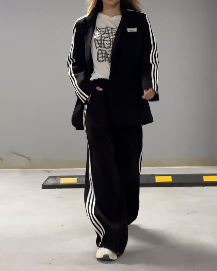 Chic Striped Blazer and Wide-Leg Pants Set