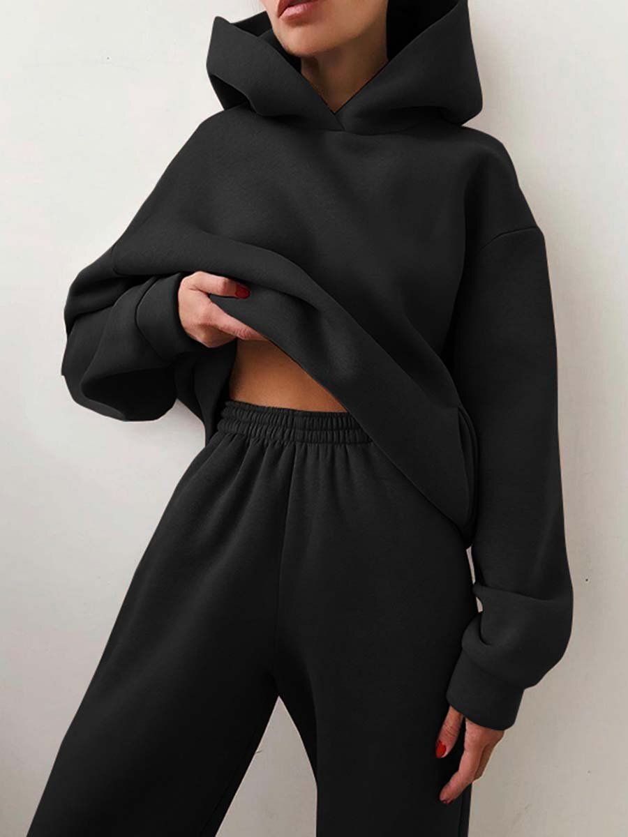 Trendy Solid Color Hooded Two-Piece Set
