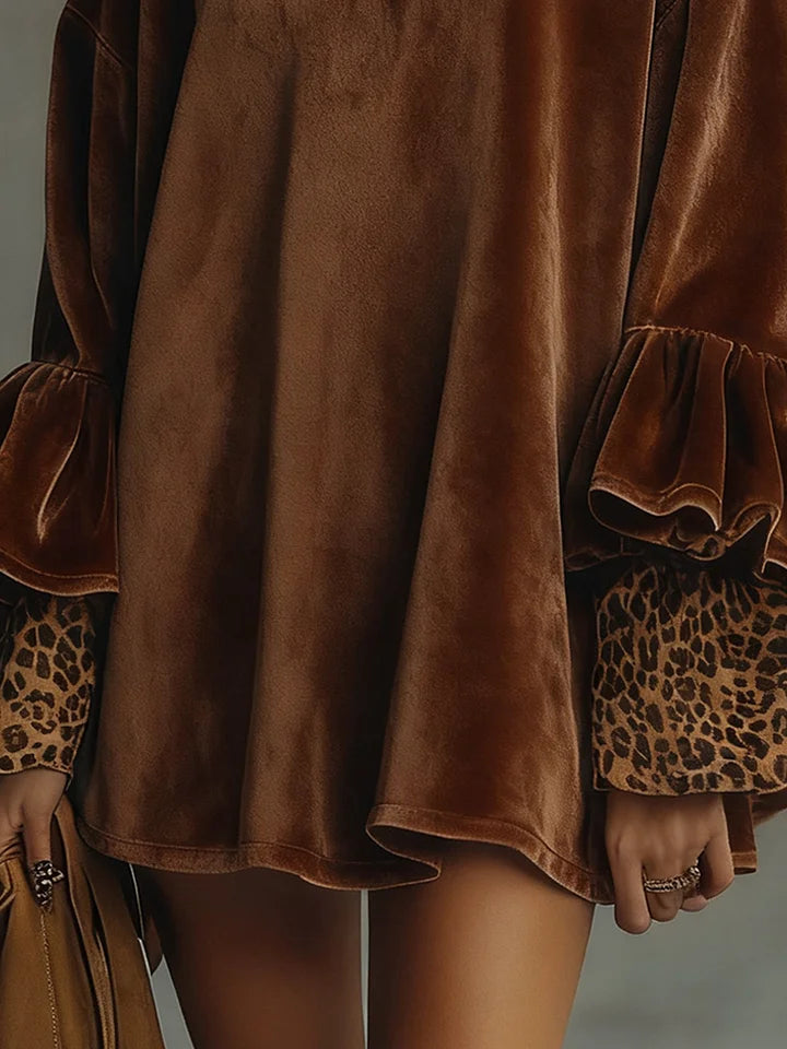 Mini Dress with Flounce Sleeves and Velvet Leopard Cuffs