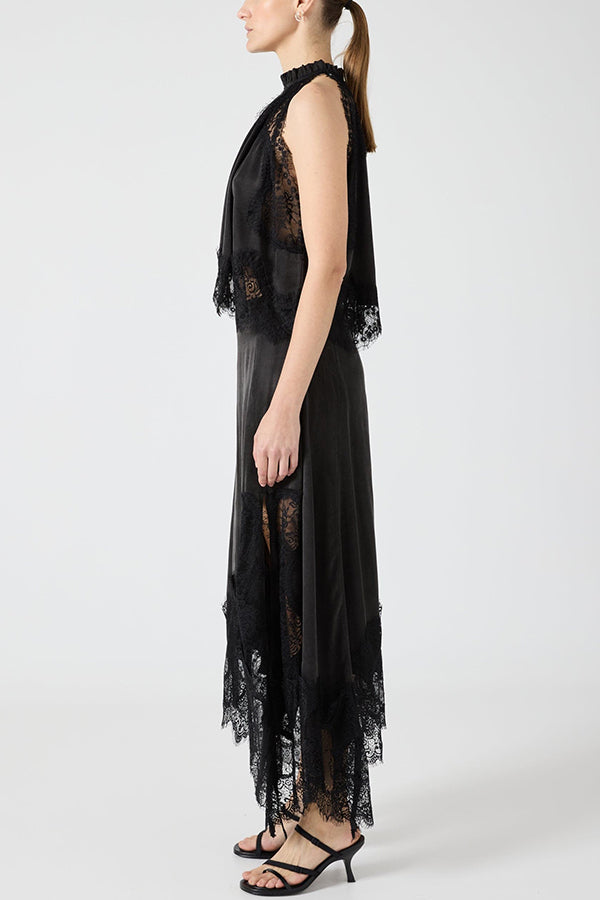 Lace-Trimmed Pleated Collar Top with Asymmetrical Slit Skirt Set