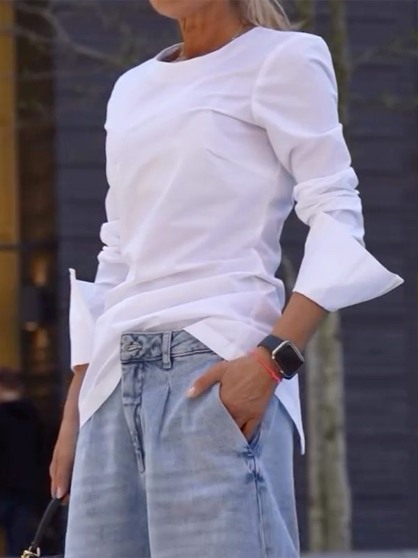 Relaxed Fit Long Sleeve Solid Color Round Neck T-Shirts