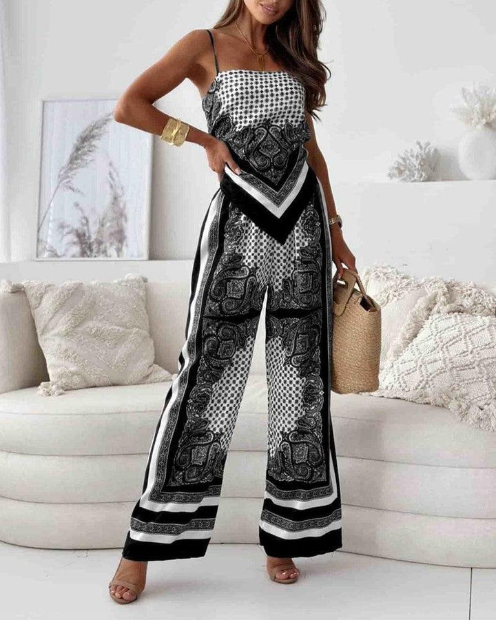 Chic Printed Lace-Up Vest and Pants Two-Piece Ensemble
