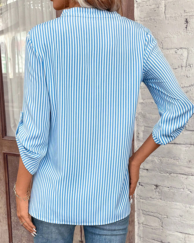 Striped Print V-Neck Casual Blouse