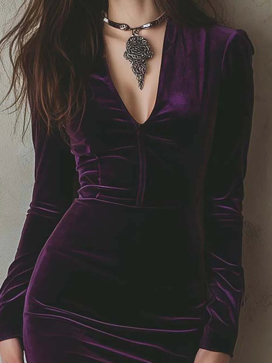 Chic Purple Velvet Slim-Fit Midi Dress with Long Sleeves