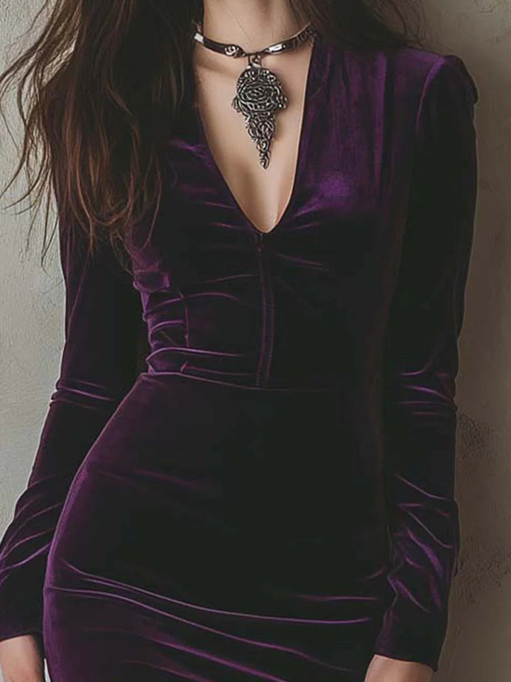 Chic Purple Velvet Slim-Fit Midi Dress with Long Sleeves