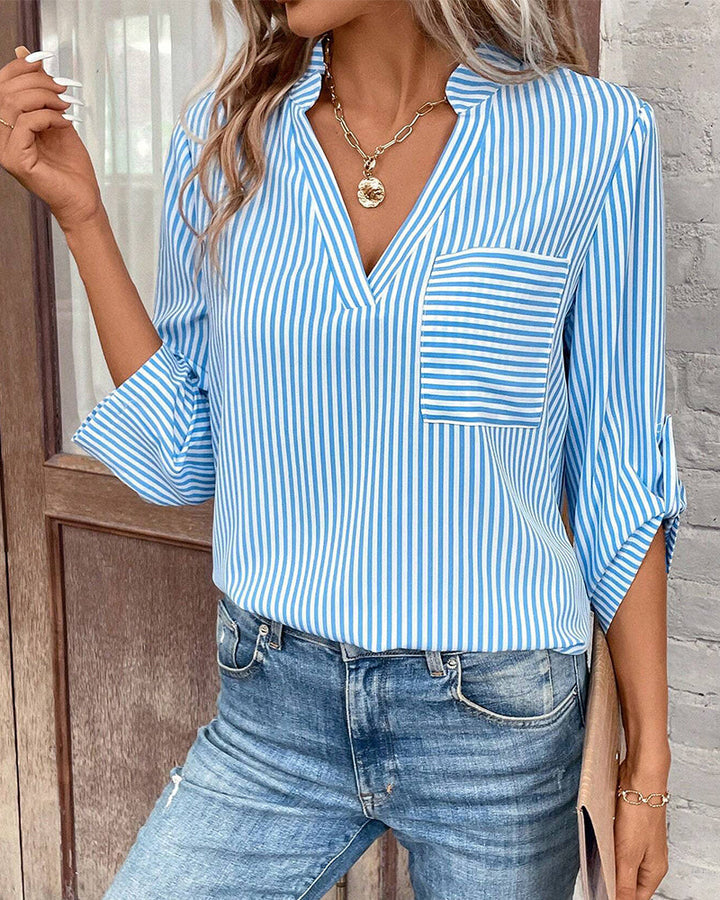 Striped Print V-Neck Casual Blouse