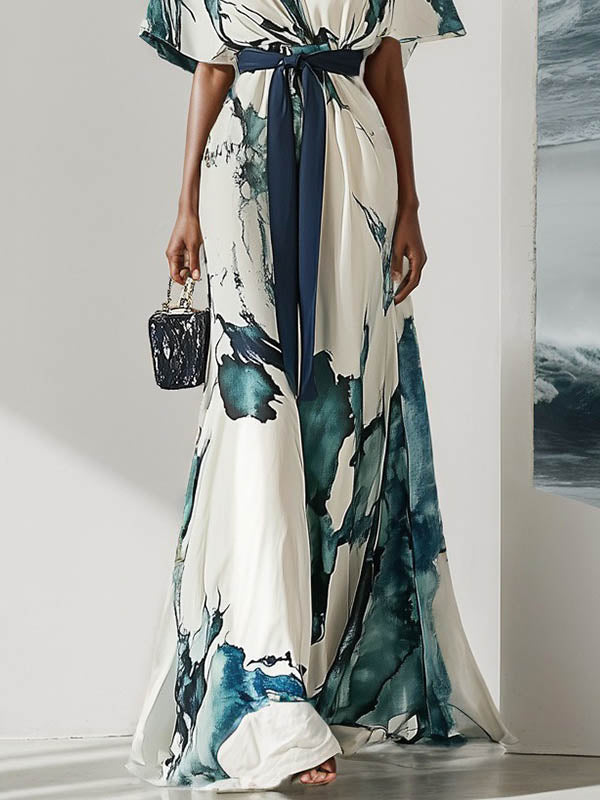 Maxi Evening Dress with Batwing Sleeves, Loose Fit, Printed Design, and Tied Waist
