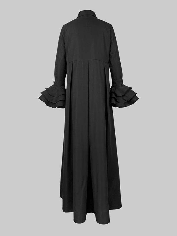 Maxi Shirt Dress with Flared Sleeves, Pleated Design, and Split-Joint Lapel