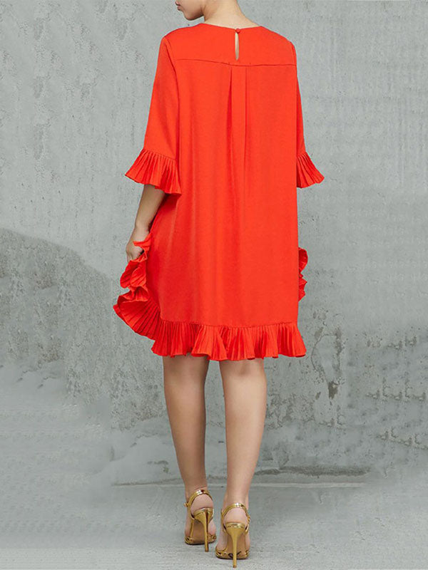 Loose-Fit Midi Dress with Half Sleeves and Ruffled Round Neck in Solid Colors