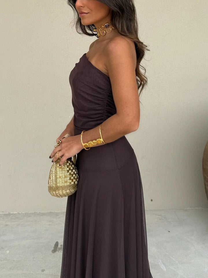 Brown One-Shoulder Mesh Maxi Gown