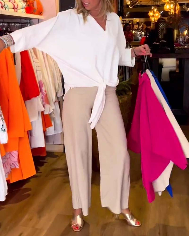 V-Neck Solid Color Blouse