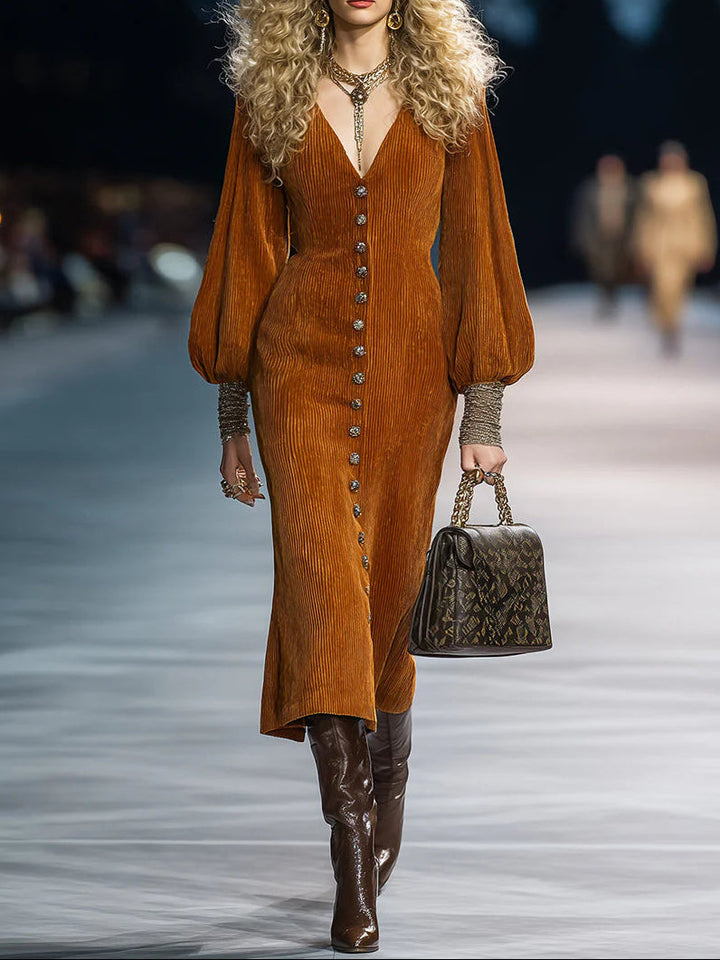 Retro Puff Sleeve Caramel Brown Corduroy Midi Dress with Button Details