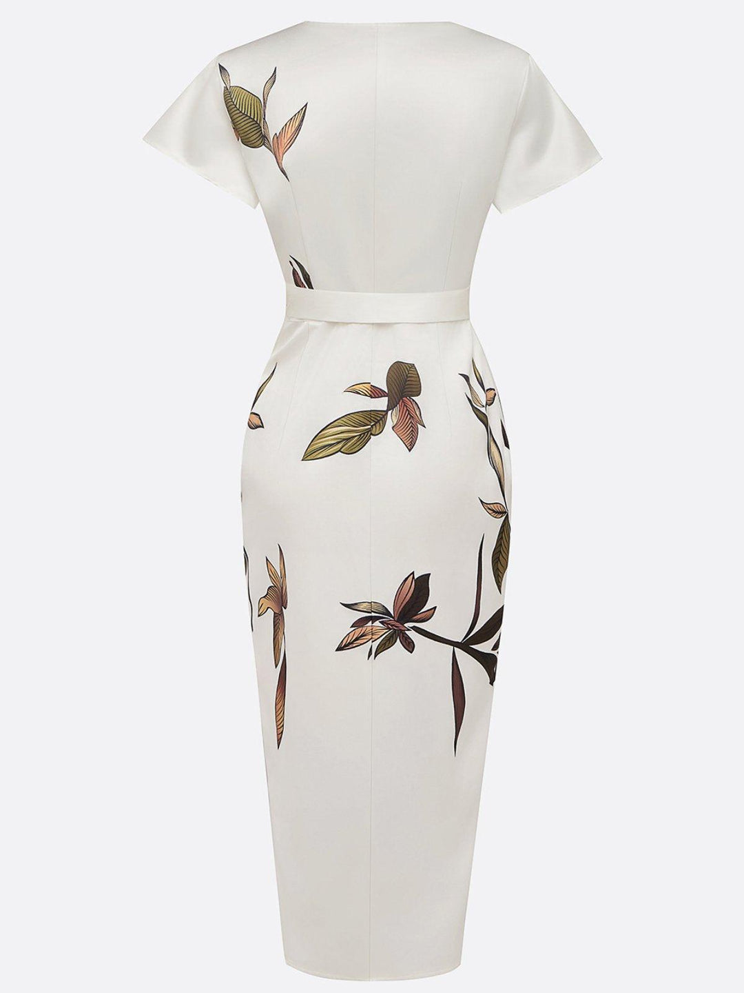 White Leaf Satin Wrap Midi Dress with Short Sleeves