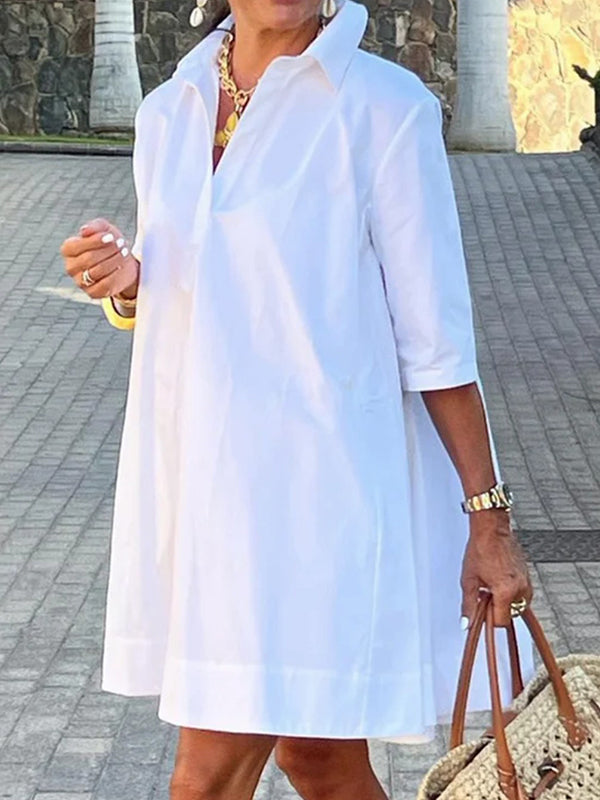 Loose Fit Mini Dress with Half Sleeves and Lapel Collar in Solid Colors