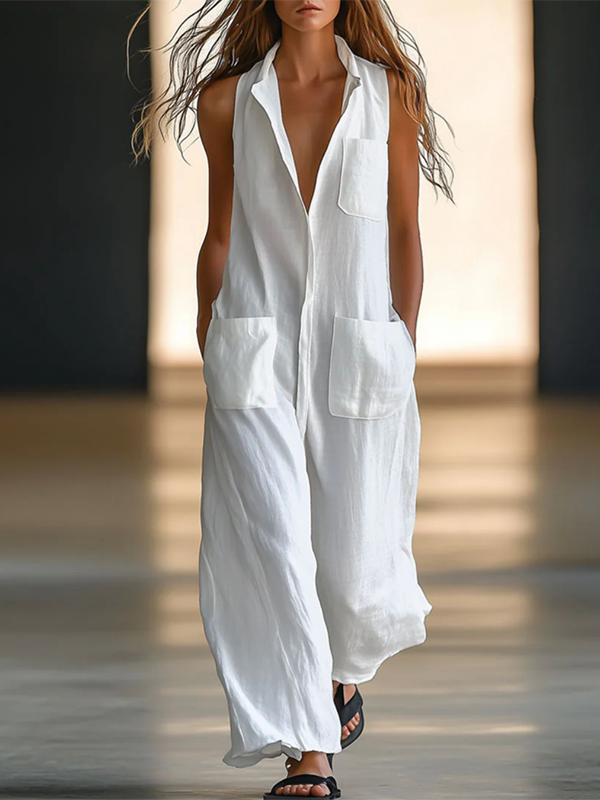 Relaxed Fit Sleeveless Solid Color Round-Neck Jumpsuit with Split Design