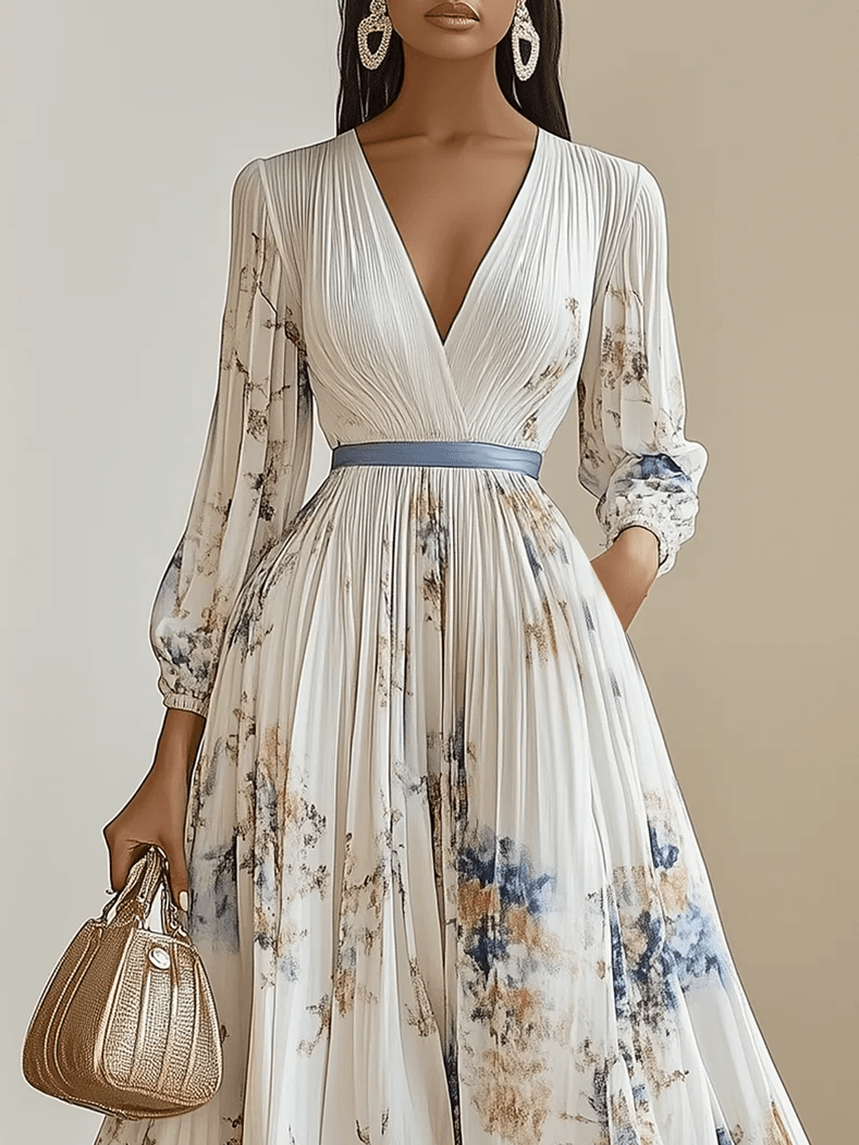 New Spring White Floral Chiffon Maxi Dress with V-Neck and Long Balloon Sleeves