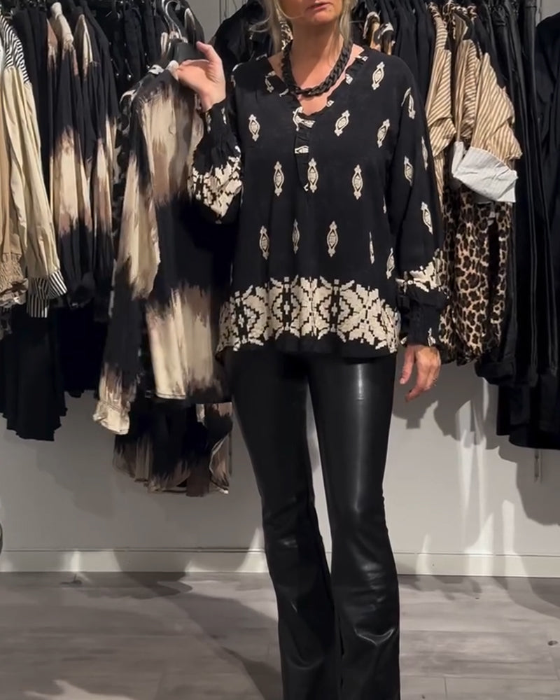 Printed V-Neck Shirt with Lantern Sleeves