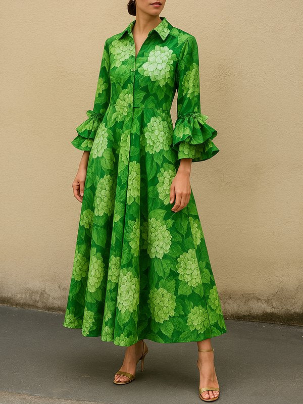 Maxi Dress with Flared Sleeves, High Waist, Pleated Lapel, and Floral Print