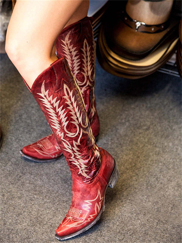 Retro Western Cowboy Knee-High Boots with Embroidery