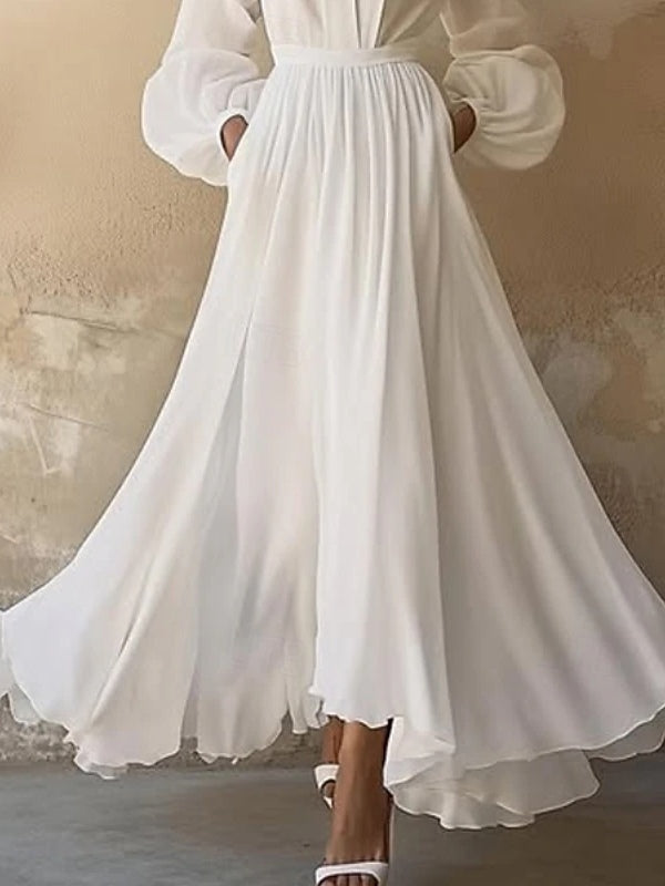 White Maxi Dress with V-Neck and Ruffled Lantern Sleeves