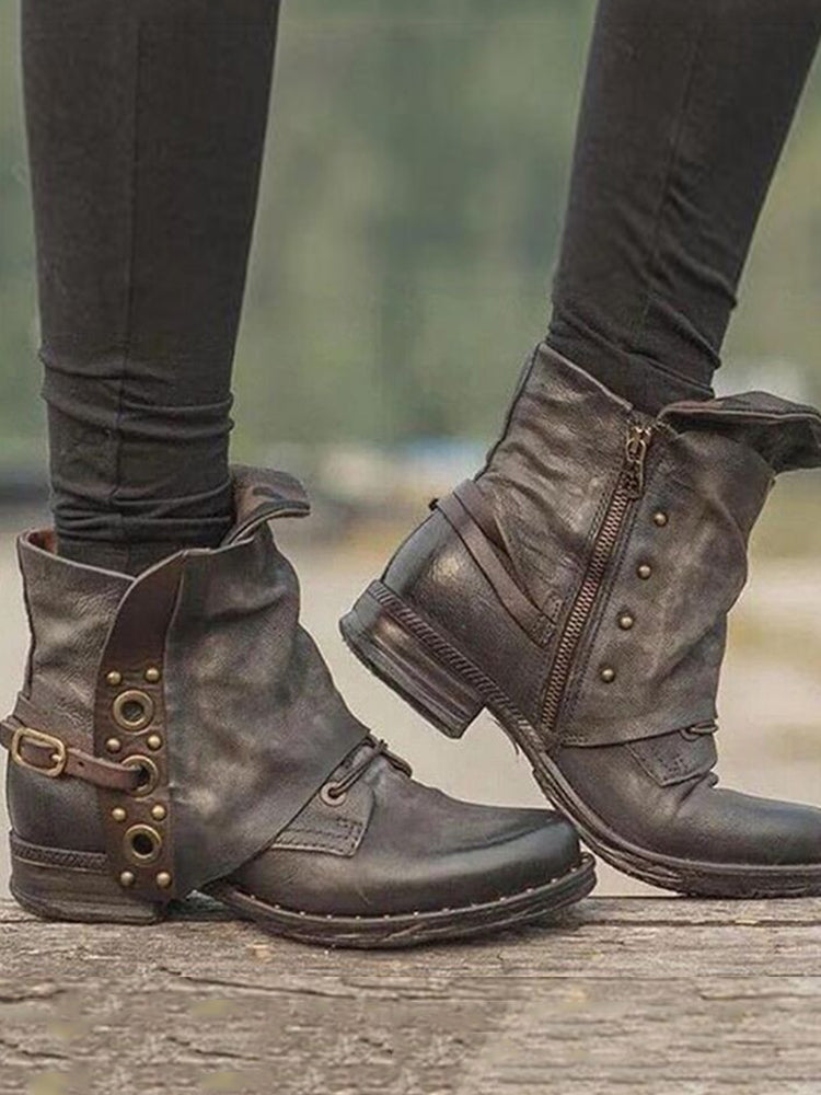 Retro Studded Buckle Ankle Boots