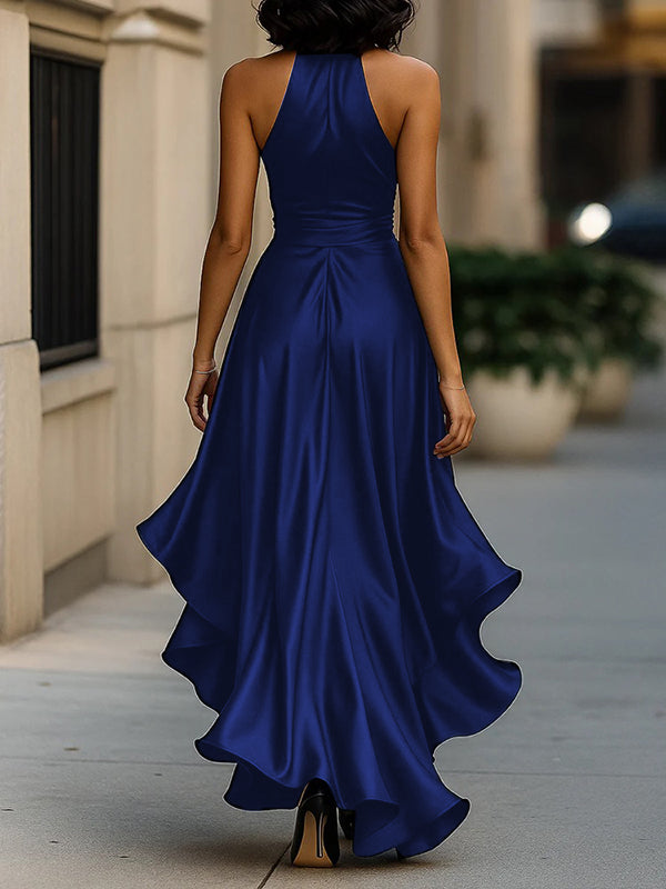 V-Neck Maxi Dress with Tied Waist and High-Low Ruffle Trim in Solid Colors