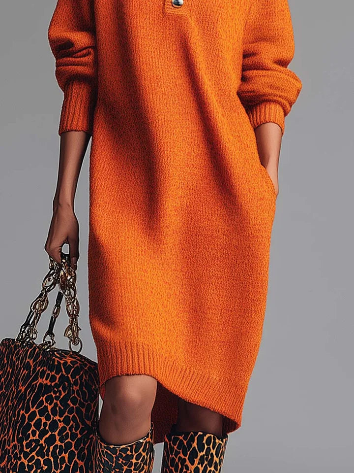 Orange Knit Midi Dress with Button-Front Lapel