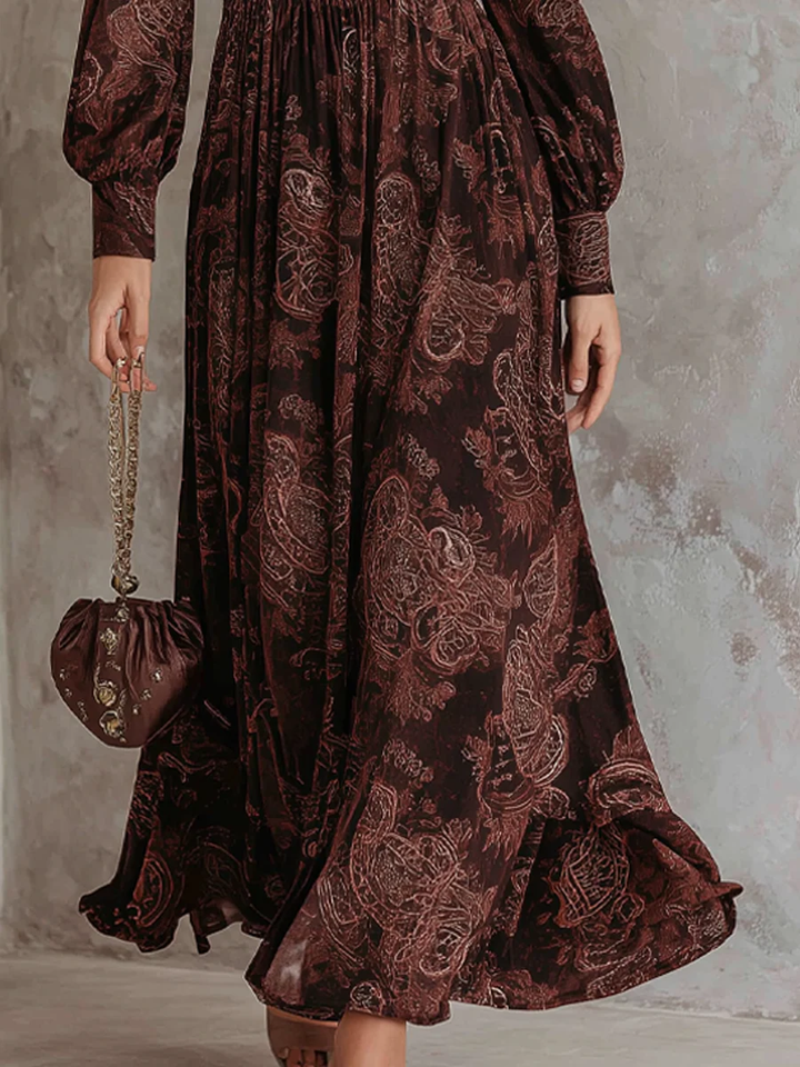 Maxi Dress with Brown Paisley Print and Zippered Waist