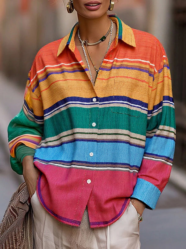 Loose-Fit Long Sleeve Button-Up Blouse with Contrast Color Lapel