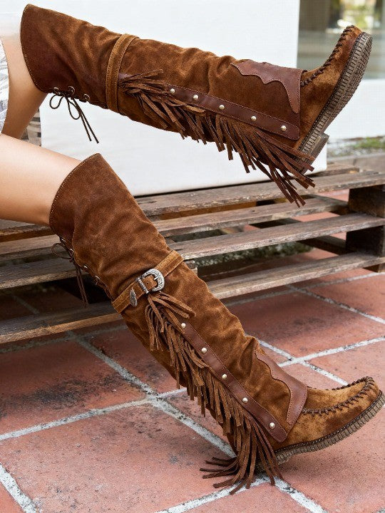 Women's Flat High Boots with Over-the-Knee Design, Tassel and Rivet Details