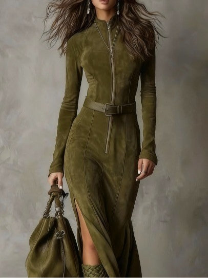 Retro Green Zippered Maxi Dress with Belt