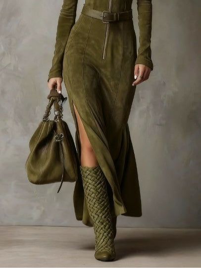 Retro Green Zippered Maxi Dress with Belt