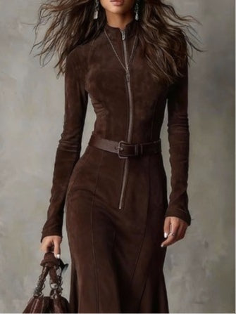 Retro Brown Midi Dress with Zipper and Belt