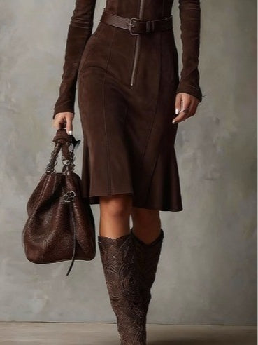 Retro Brown Midi Dress with Zipper and Belt
