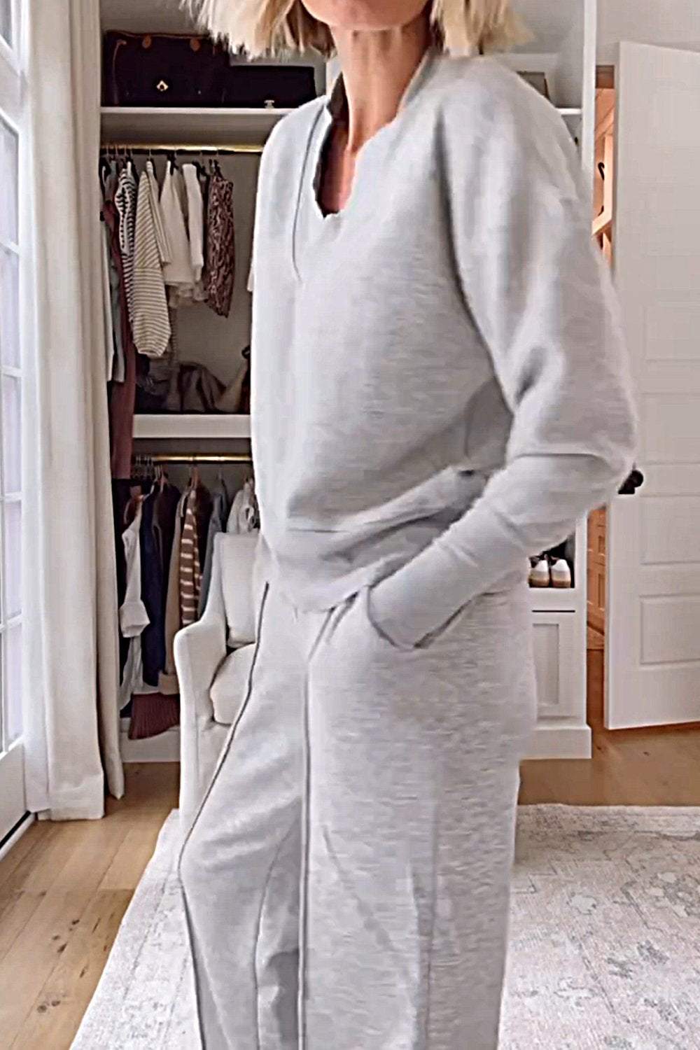 V-Neck Solid Color Top and Pants Two-Piece Set