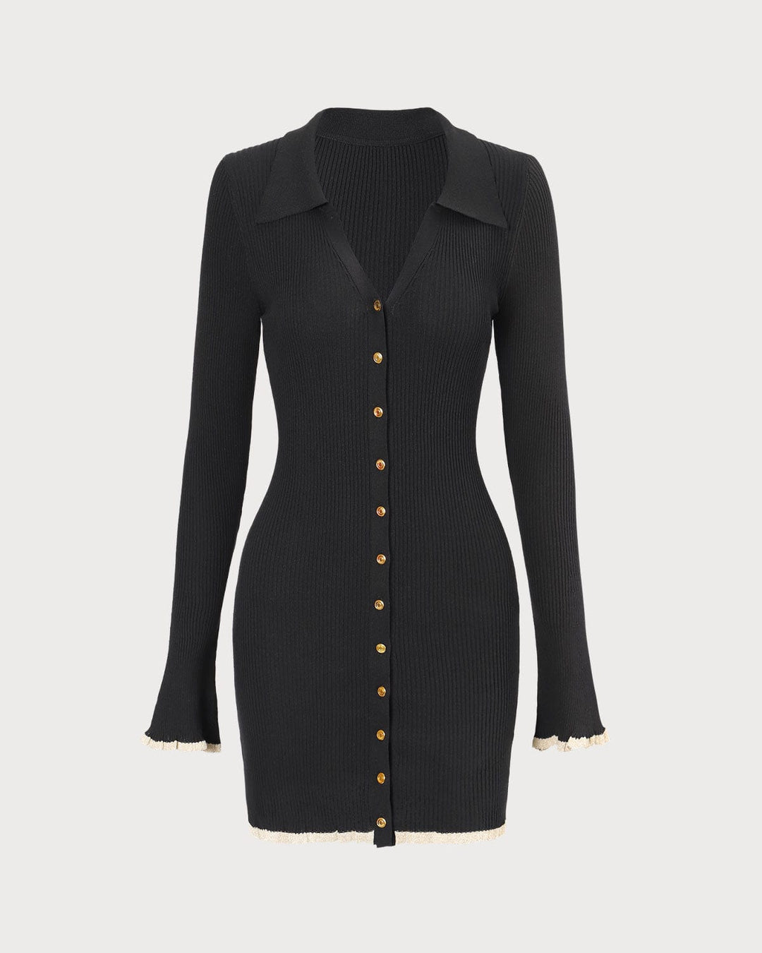Schwarzes V-Ausschnitt Strick-Minikleid mit Kontrastdetails