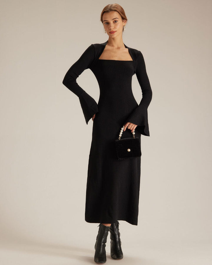 Schwarzes Midikleid mit quadratischem Ausschnitt und schwingenden Ärmeln