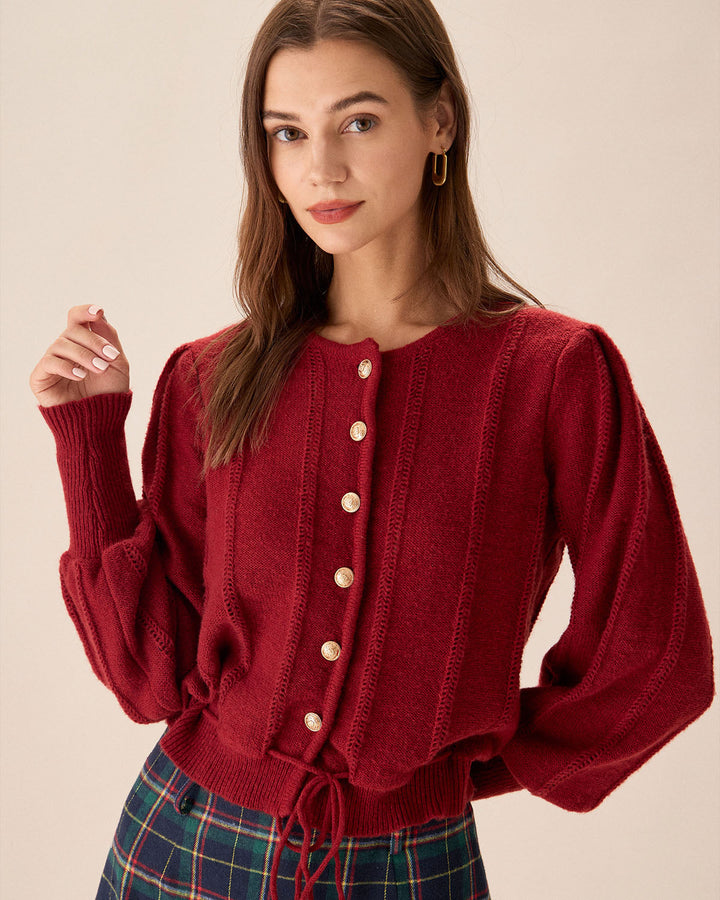 Einreihige Strickjacke mit roten Ballonärmeln