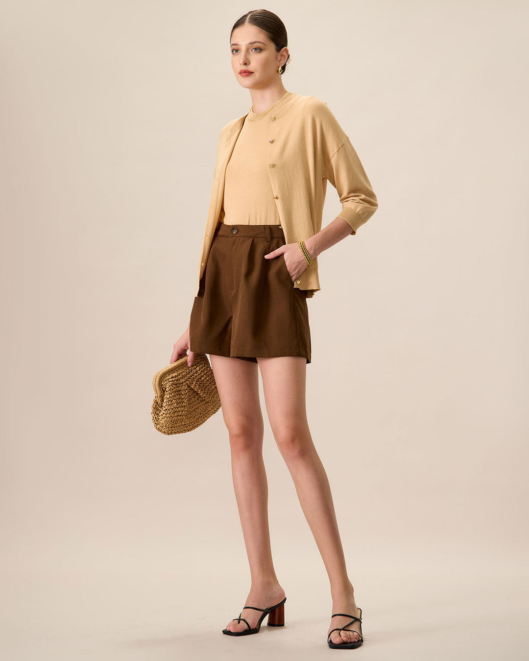 Khakifarbene Damen-Strickjacke aus geripptem Tencel mit Rundhalsausschnitt