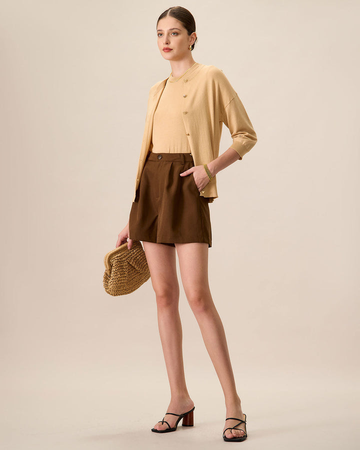 Khakifarbene Damen-Strickjacke aus geripptem Tencel mit Rundhalsausschnitt