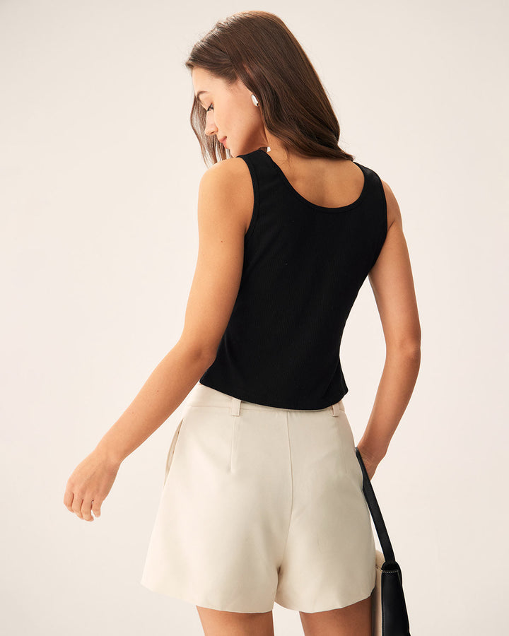 Schwarzes Strick-Tanktop mit U-Ausschnitt und Knopfdetails