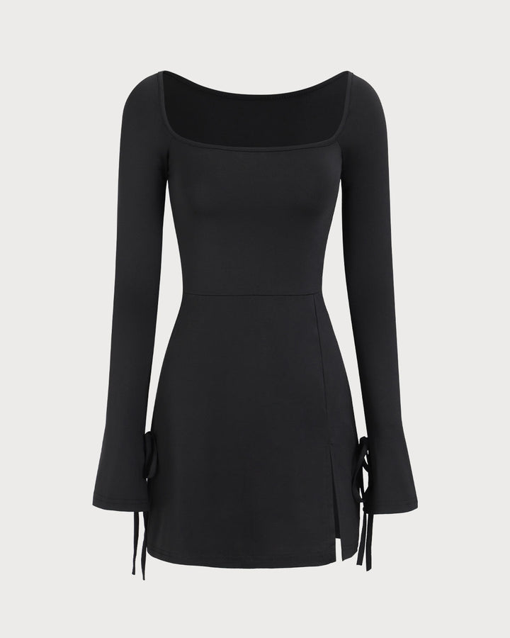 Schwarzes Damen-Minikleid mit eckigem Ausschnitt und langen Ärmeln
